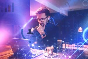 Big data management, digital technology, software development concept. Computer programmer, software engineer programming on laptop, data processing with computer code, technology background photo