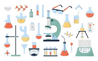 Set of chemical laboratory stuff. Microscope, flasks, test tubes, scale, safety glasses, PH strips in flat design vector