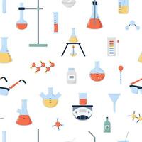 Chemistry science stuff seamless pattern. Different laboratory glassware and tools. Science and educational design vector