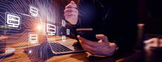 Big data management, digital technology, software development concept. Computer programmer, software engineer programming on laptop, data processing with computer code, technology background photo