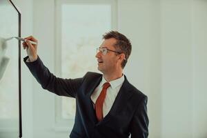 A modernly dressed professor engages in educating students, who listen attentively, creating a dynamic scene of knowledge-sharing and focused learning in the classroom. photo