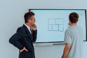 A modernly dressed professor engages in educating students, who listen attentively, creating a dynamic scene of knowledge-sharing and focused learning in the classroom. photo