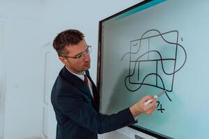 A modernly dressed professor engages in educating students, who listen attentively, creating a dynamic scene of knowledge-sharing and focused learning in the classroom. photo