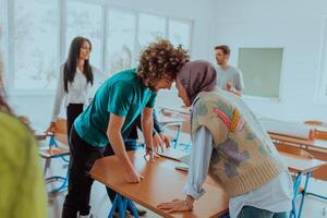 A diverse group of colleagues engages in lighthearted and entertaining activities during a break from a business meeting, showcasing camaraderie, humor, and team bonding in the office photo