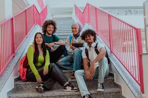 A diverse group of students sits on the steps of a modern school hallway during an educational break, sharing laughter, jokes, and knowledge, embodying a sense of unity and camaraderie. photo