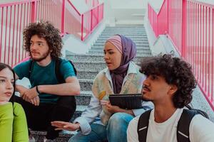 A diverse group of students sits on the steps of a modern school hallway during an educational break, sharing laughter, jokes, and knowledge, embodying a sense of unity and camaraderie. photo