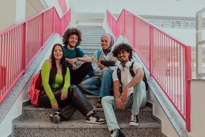 A diverse group of students sits on the steps of a modern school hallway during an educational break, sharing laughter, jokes, and knowledge, embodying a sense of unity and camaraderie. photo