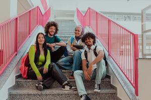 A diverse group of students sits on the steps of a modern school hallway during an educational break, sharing laughter, jokes, and knowledge, embodying a sense of unity and camaraderie. photo