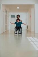 African-American hospital technician compassionately navigating the hospital hallways, pushing his wheelchair-bound colleague, symbolizing unity, support, and inclusivity photo