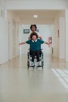 African-American hospital technician compassionately navigating the hospital hallways, pushing his wheelchair-bound colleague, symbolizing unity, support, and inclusivity photo