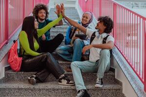 A diverse group of students symbolizes unity as they interlace their hands, portraying a sense of community, collaboration, and inclusive harmony photo