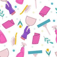 Seamless pattern with cleaning elements. Hand drawn pattern with detergent, gloved hand with scoop, rag, brush for cleaning windows. illustration. vector