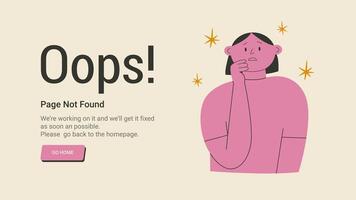 404 error page with sad scared woman in horror facial expression made a big mistake feeling guilty biting lips fingers. Oh no, I failed again. Flat illustration. vector