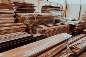 A vast warehouse in the forestry industry, showcasing a plethora of wooden products, including boards and various timber items neatly organized in storage photo