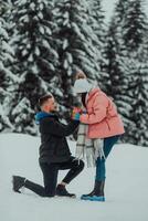 In the enchanting embrace of winter, this romantic couple celebrates their engagement on Valentine's Day, surrounded by snowy serenity, love, and a promise for a frost kissed future together. photo