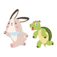 cartoon rabbit and a turtle are running vector