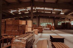 A vast warehouse in the forestry industry, showcasing a plethora of wooden products, including boards and various timber items neatly organized in storage photo