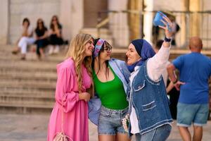 Adventurous Capture. Group of Tourists Exploring Iconic Landmarks photo