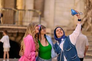 Adventurous Capture. Group of Tourists Exploring Iconic Landmarks photo