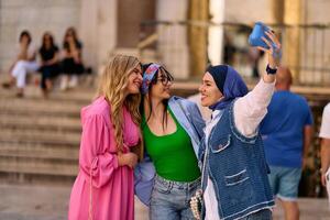 Adventurous Capture. Group of Tourists Exploring Iconic Landmarks photo