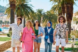 A diverse group of tourists, dressed in summer attire, strolls through the tourist city with wide smiles, enjoying their sightseeing adventure photo
