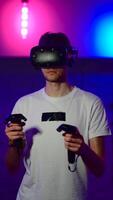 The player plays the game using virtual reality. Neon style. video