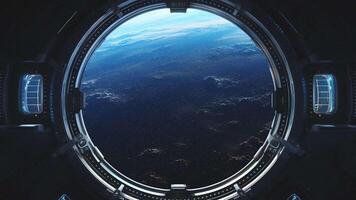 A large porthole of a spacecraft through which an exoplanet and a galaxy can be seen. video