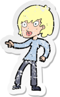 retro distressed sticker of a cartoon woman pointing drawing png