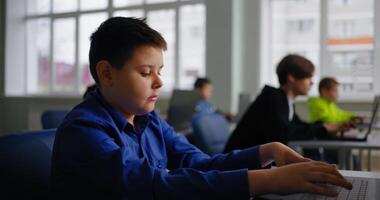 fofa pequeno Garoto Aprendendo codificação dentro isto Aulas, retrato do escola aluna dentro baseado em computador classe video