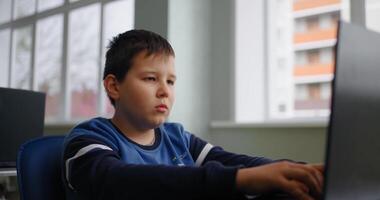 School Teen Boy With Computer In Classroom, Coding And Programming Classes For Children video
