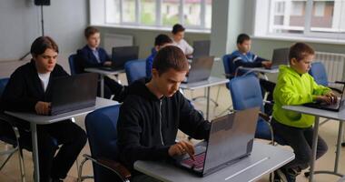 Education For Children, Teens Boys In Programming, Pupils With Laptops In Computer-Based Classroom video