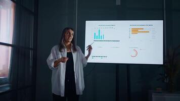 Woman Presenting Financial Report And Strategy Of Company Development, Portrait Against Display video