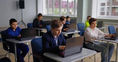 Coding Classes For Middle Schoolers, Boys Sitting At Tables With Laptops In Computer-Based Classroom video