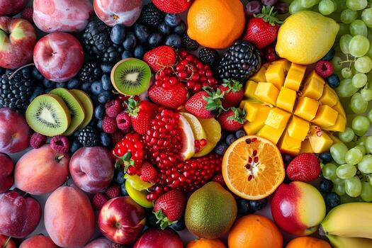 un vistoso surtido de frutas incluso manzanas, naranjas, kiwis foto