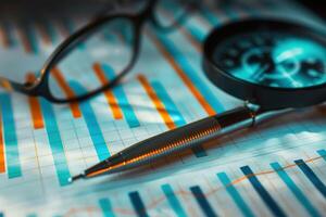 A magnifying glass is on top of a stack of papers with graphs and numbers photo