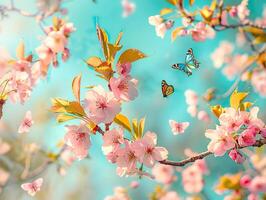 A beautiful image of a pink tree with butterflies flying around it photo