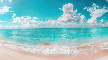 A beautiful beach with a palm tree in the background photo