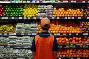 A man is shopping for fruits and vegetables in a grocery store photo