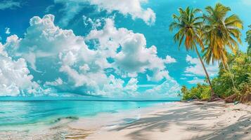 A beautiful beach with a clear blue ocean and a few clouds in the sky photo