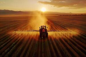 A tractor is spraying a field with a yellowish brown dust photo