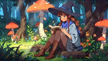 A young witch studies a spellbook in an enchanted forest, surrounded by oversized mushrooms and vibrant flora with anime style video