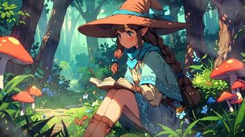 A young witch studies a spellbook in an enchanted forest, surrounded by oversized mushrooms and vibrant flora with anime style video