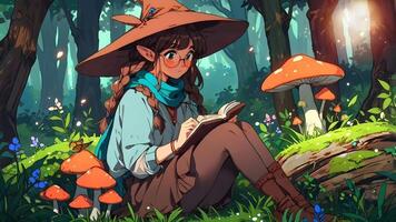 uma jovem bruxa estudos uma livro de feitiços dentro a encantado floresta, cercado de de grandes dimensões cogumelos e vibrante flora com animê estilo video
