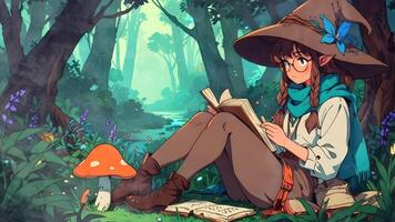 A young witch studies a spellbook in an enchanted forest, surrounded by oversized mushrooms and vibrant flora with anime style video