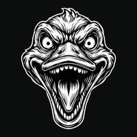Dark Art Scary Duck Head with Sharp Teeth Black White Illustration vector