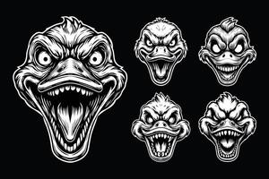 Dark Art Scary Duck Head with Sharp Teeth Black White Illustration vector