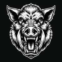 Dark Art Scary Angry Wild Boar Skull Head with Sharp Horn Black and White Illustration vector
