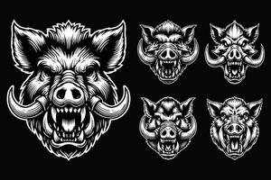 Dark Art Scary Angry Wild Boar Skull Head with Sharp Horn Black and White Illustration vector