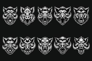 Dark Art Scary Angry Wild Boar Skull Head with Sharp Horn Black and White Illustration vector