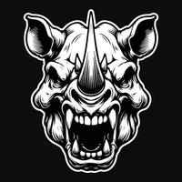 Dark Art Scary Angry Beast Rhino Skull Head with Sharp Horn Black and White Illustration vector